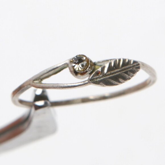 Vintage Silver Curved Leaf Ring Gem Stone Delicate Cubic Zirconia Diamond Dainty - Picture 4 of 11